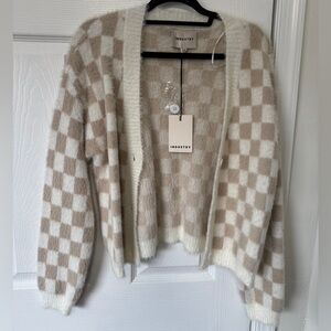 Industry Beige and White Checkered Cardigan